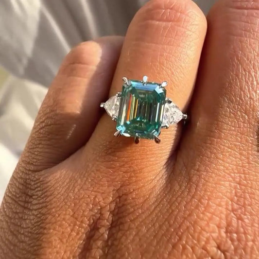 NEEDS DESC WORK - 9.50ct Blue Emerald Centre with 2.50ct Trillion-Cut Lab Grown Diamonds – Three Stone Engagement Ring