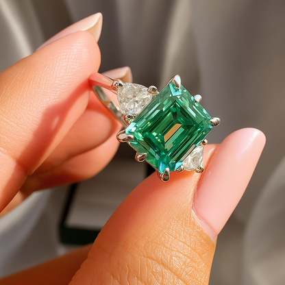 NEEDS DESC WORK - 9.50ct Blue Emerald Centre with 2.50ct Trillion-Cut Lab Grown Diamonds – Three Stone Engagement Ring