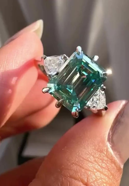 NEEDS DESC WORK - 9.50ct Blue Emerald Centre with 2.50ct Trillion-Cut Lab Grown Diamonds – Three Stone Engagement Ring
